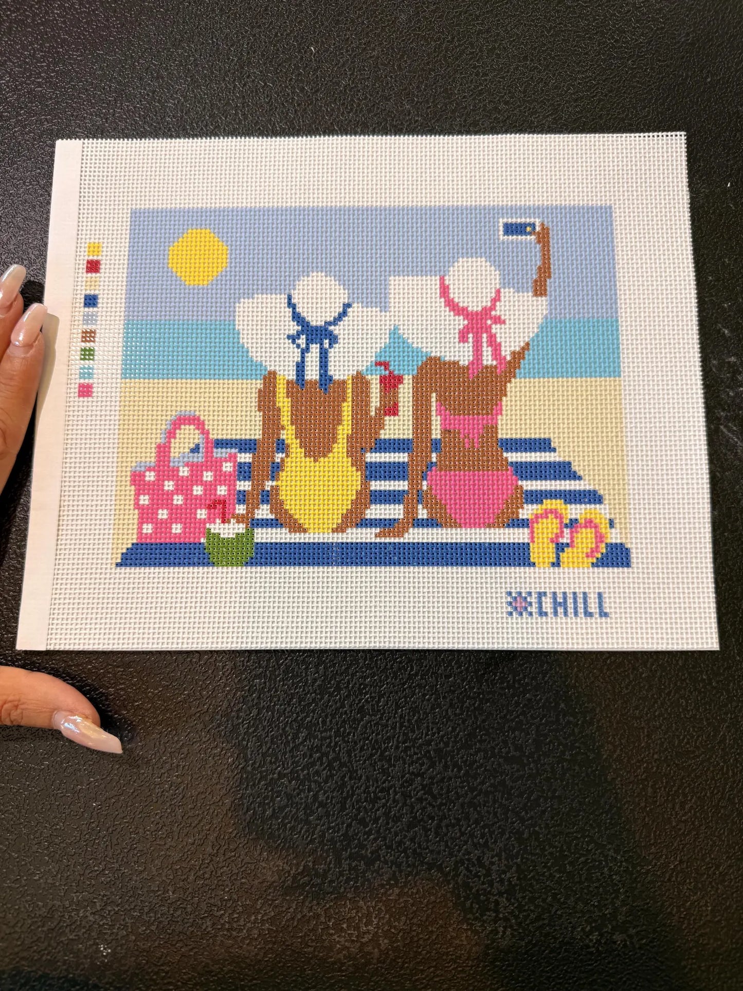 Beach Day Needlepoint Canvas – Stitched Example – Needlepoint & Chill
