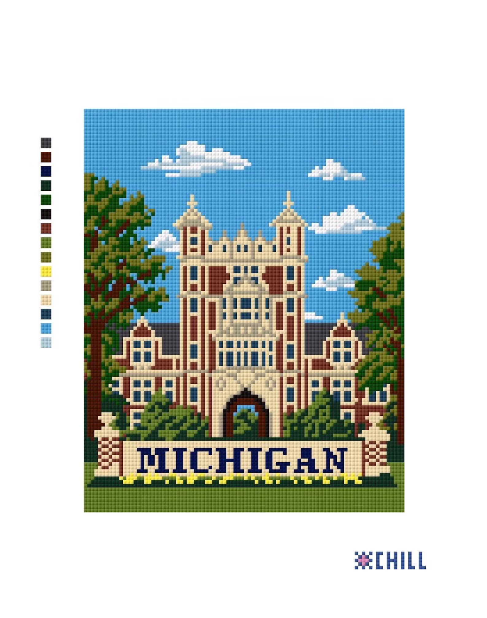 Michigan Campus Landmark Needlepoint Canvas – Ann Arbor Blue & Gold – Needlepoint & Chill