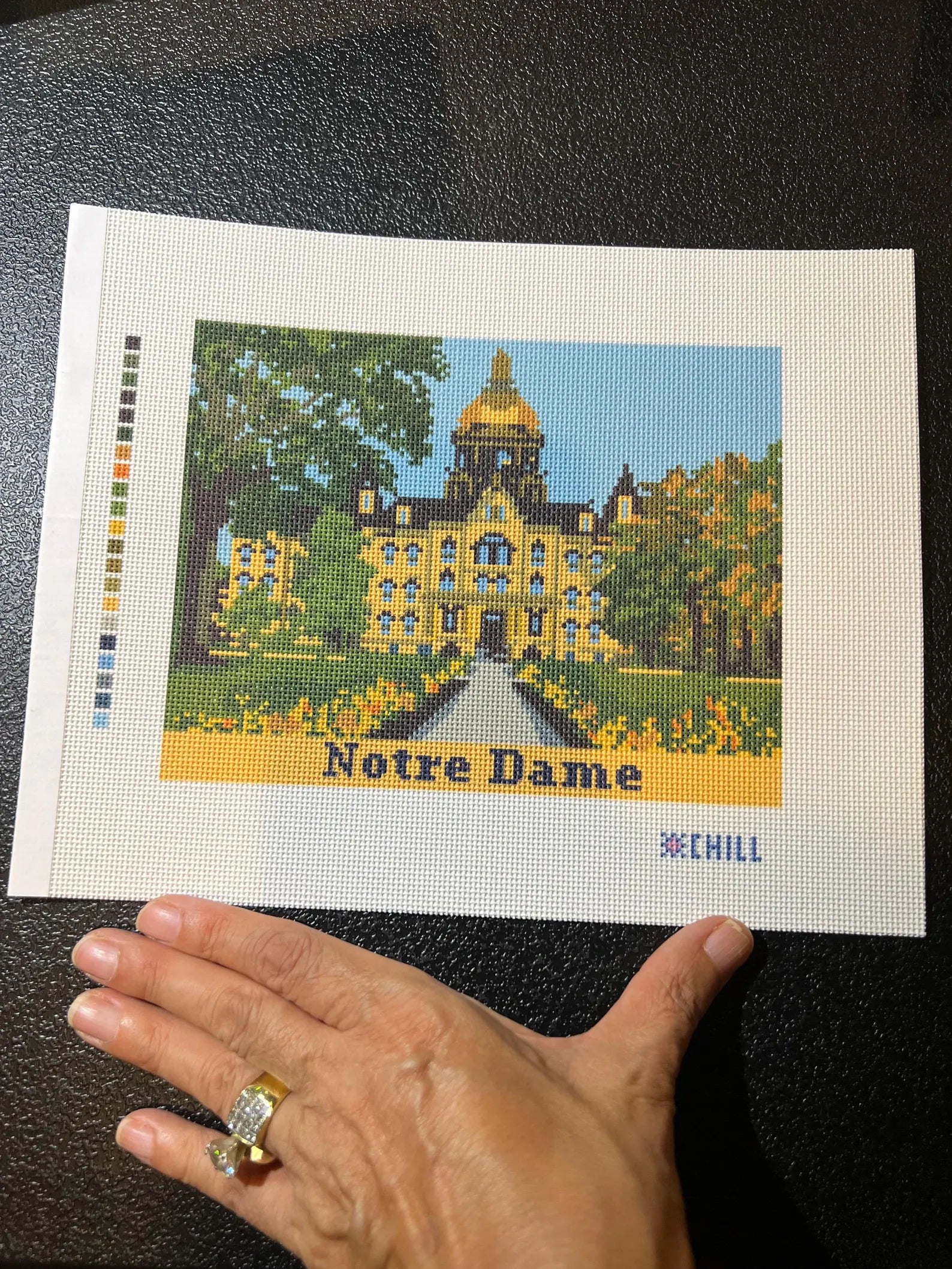 Golden Dome Campus Needlepoint Canvas – Stitched Example – Needlepoint & Chill