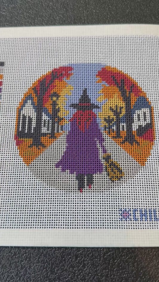 Halloween Witch Needlepoint Canvas – Witch’s Walk with Broom - Spooky Night Design