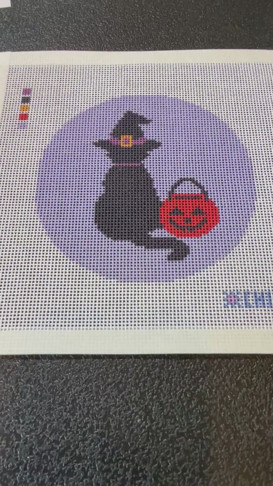 Halloween Needlepoint Canvas – Black Cat in a Witch Hat - Pumpkin fall stitching