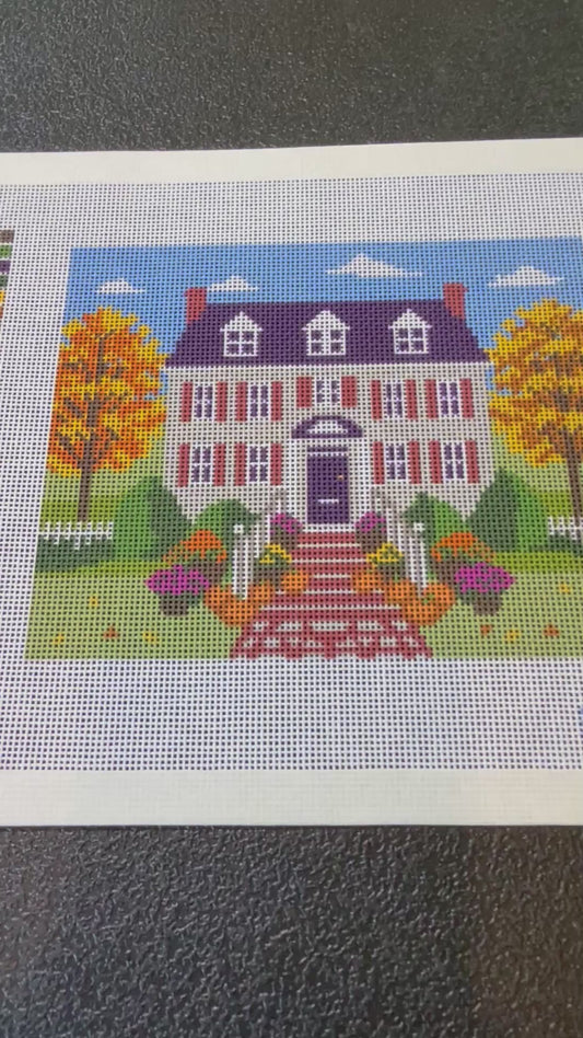 Halloween Front Porch Needlepoint Canvas – Fall Colonial House Pumpkin Steps Design
